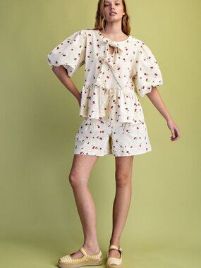 EASEL CHERRY PRINT WASHED TWILL SHORTS AND TOP MATCHING SET 100% COTTON